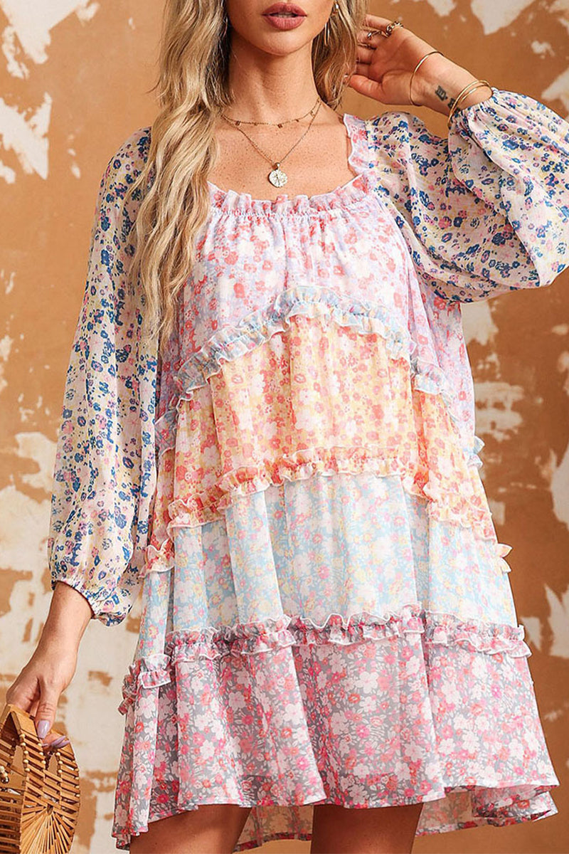 Sweet Elegant Print Contrast Square Collar A Line Dresses - Fashionpara