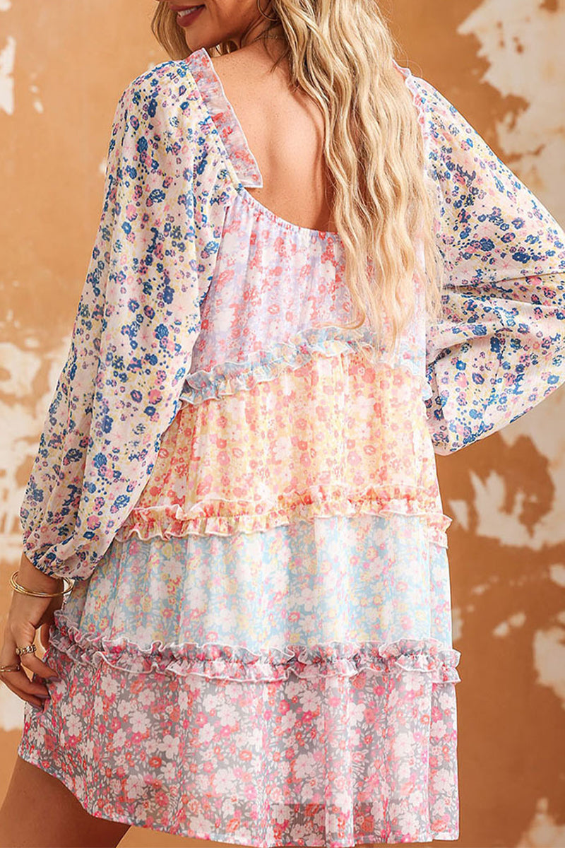 Sweet Elegant Print Contrast Square Collar A Line Dresses - Fashionpara