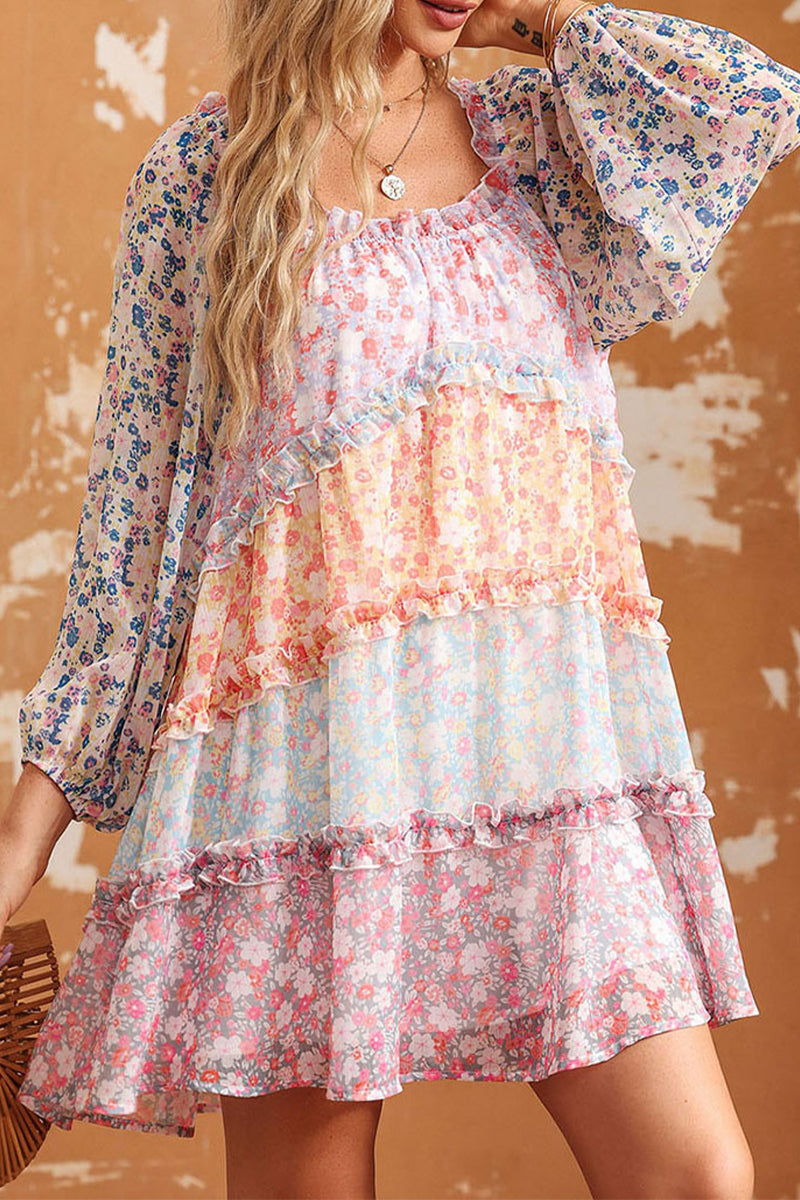 Sweet Elegant Print Contrast Square Collar A Line Dresses - Fashionpara