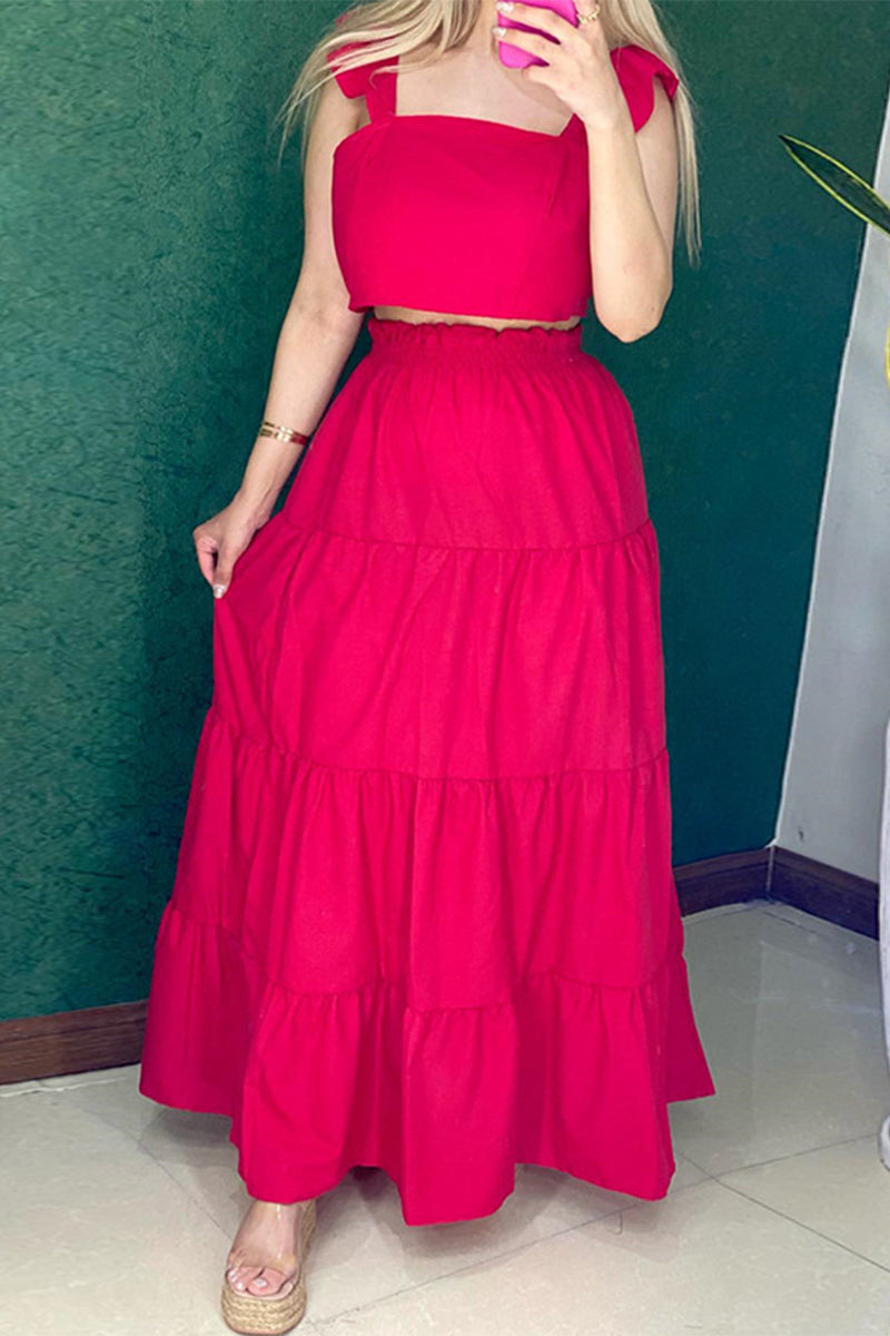 Sweet Elegant Solid Patchwork Square Collar Short Sleeve Two Pieces - Fashionpara