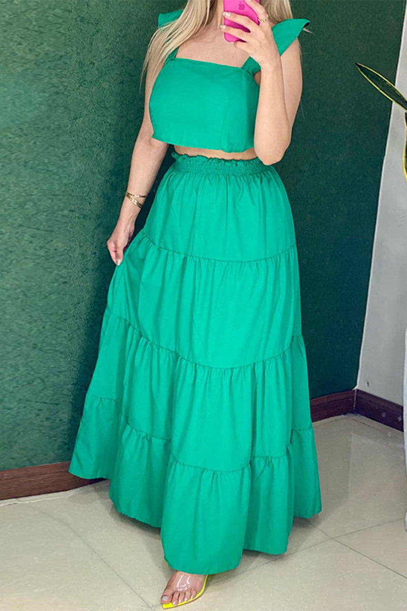 Sweet Elegant Solid Patchwork Square Collar Short Sleeve Two Pieces - Fashionpara