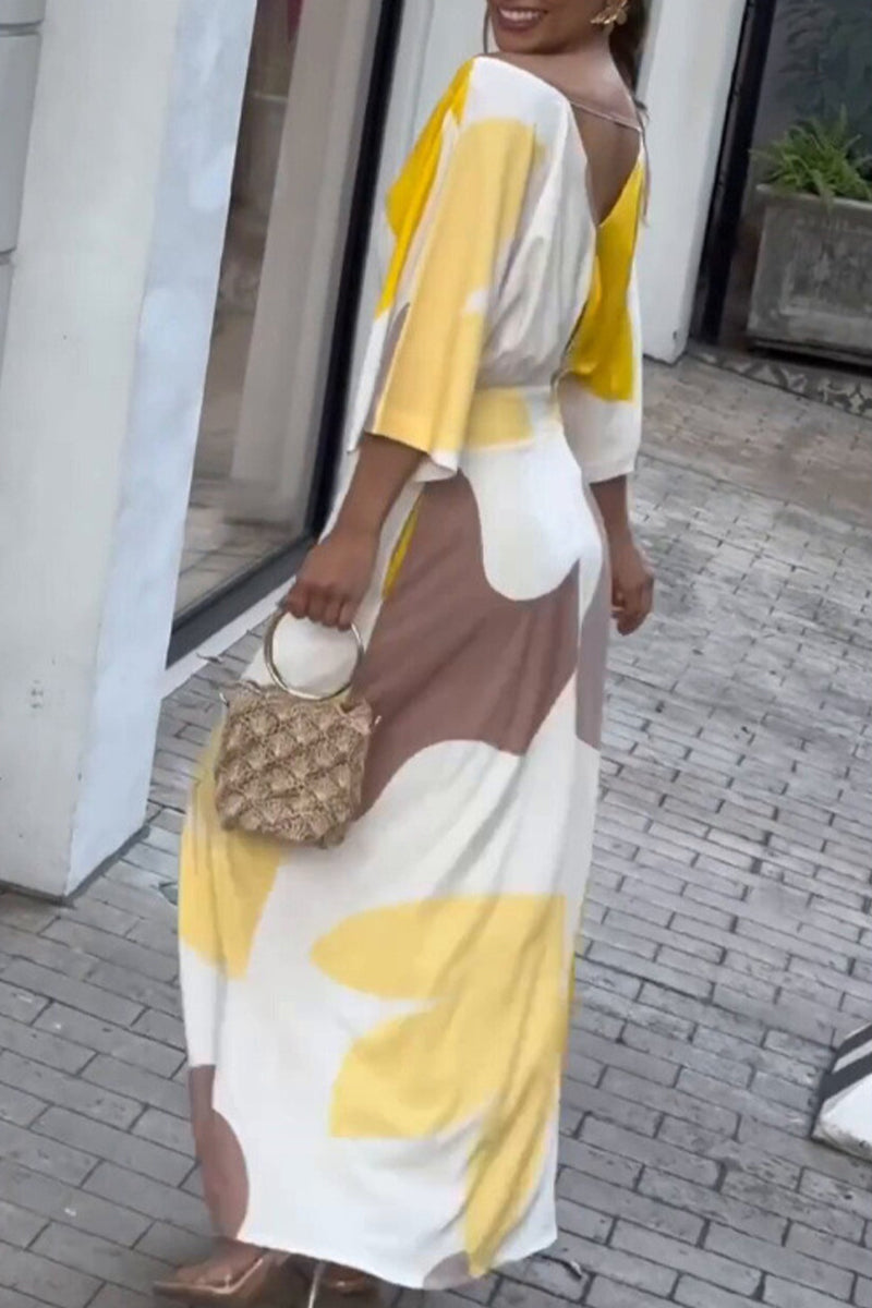 Elegant Print Color Block Contrast V Neck Printed Dress Dresses - Fashionpara