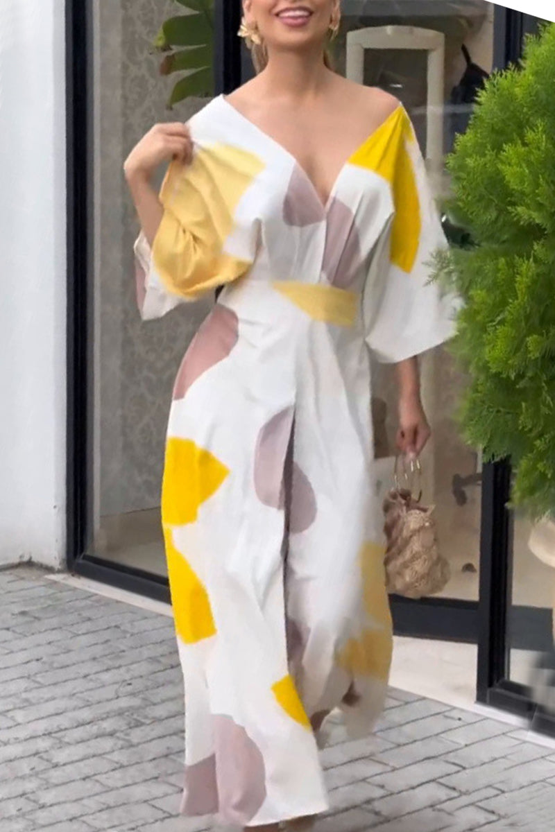 Elegant Print Color Block Contrast V Neck Printed Dress Dresses - Fashionpara