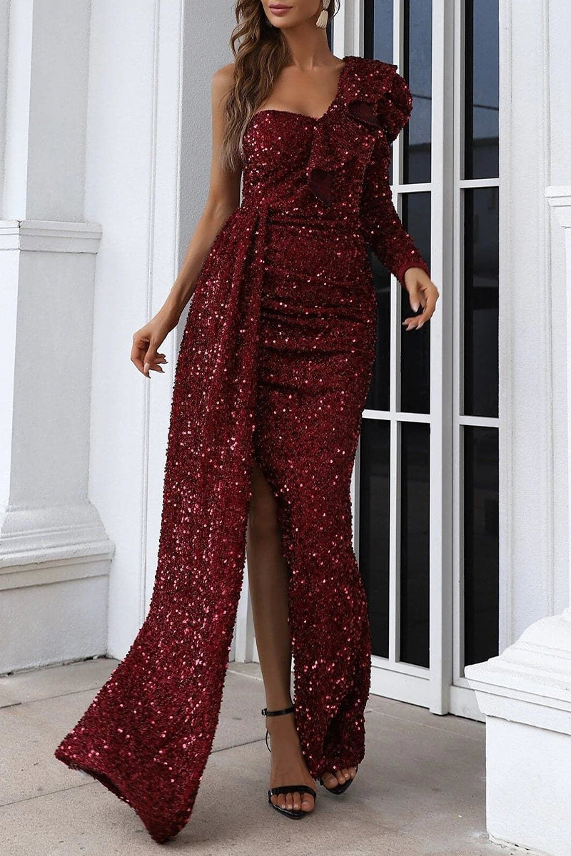 Elegant Formal Solid Sequins Slit Oblique Collar Evening Dress Dresses - Fashionpara