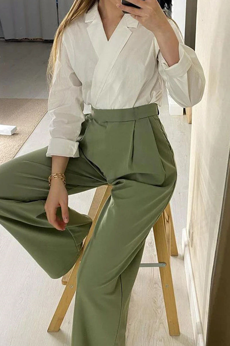 British Style Elegant Solid Pocket Turn-back Collar Long Sleeve Two Pieces - Fashionpara