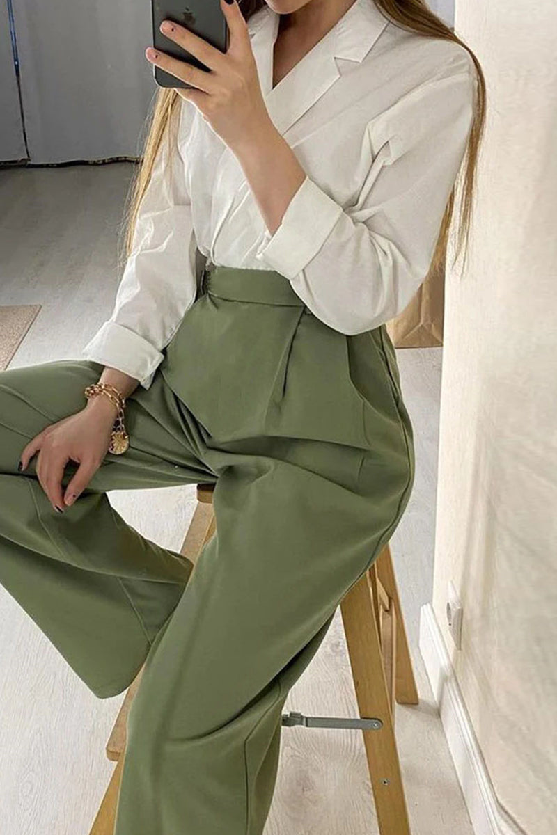 British Style Elegant Solid Pocket Turn-back Collar Long Sleeve Two Pieces - Fashionpara