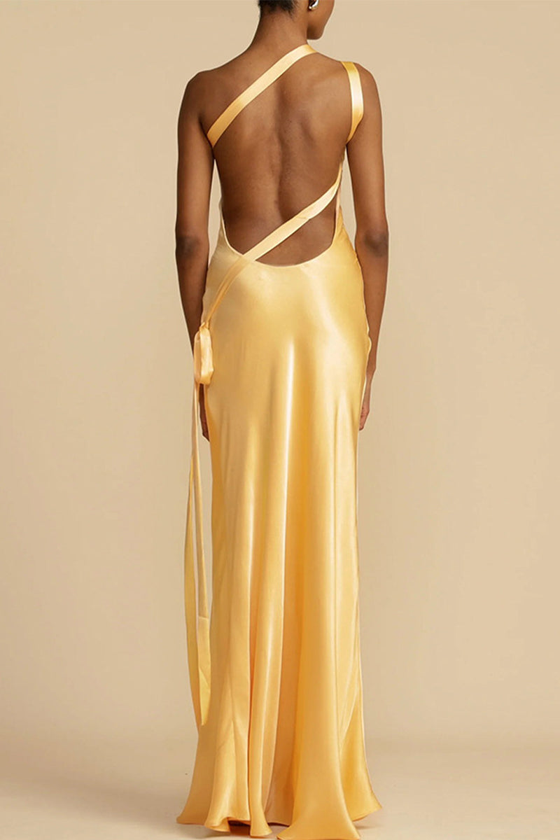 Elegant Formal Solid Backless Oblique Collar Evening Dress Dresses - Fashionpara