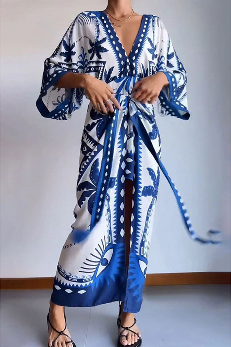 Vacation Floral Frenulum V Neck Printed Dress Dresses - Fashionpara