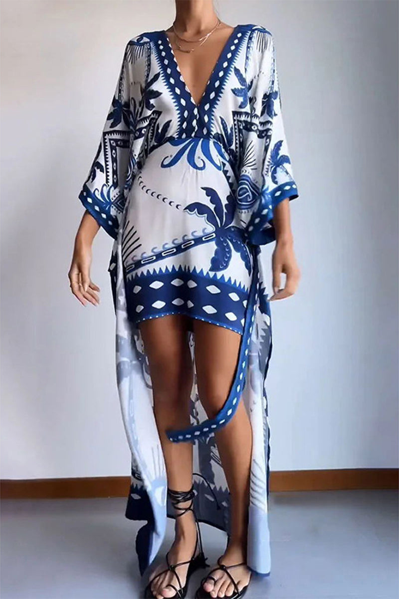 Vacation Floral Frenulum V Neck Printed Dress Dresses - Fashionpara