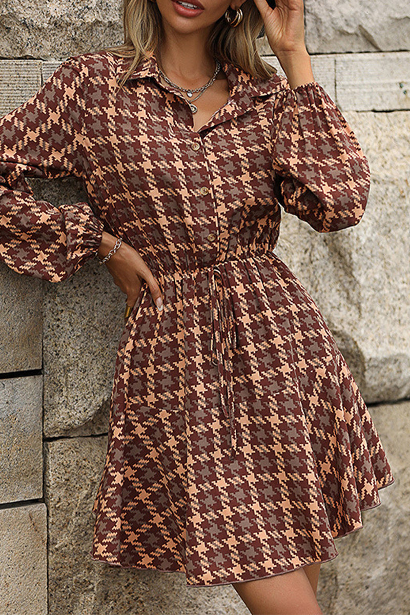 Elegant Plaid Frenulum Turndown Collar Long Sleeve Dresses - Fashionpara