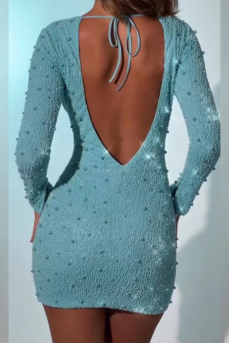 Sexy Solid Frenulum Backless Beading O Neck Wrapped Skirt Dresses - Fashionpara