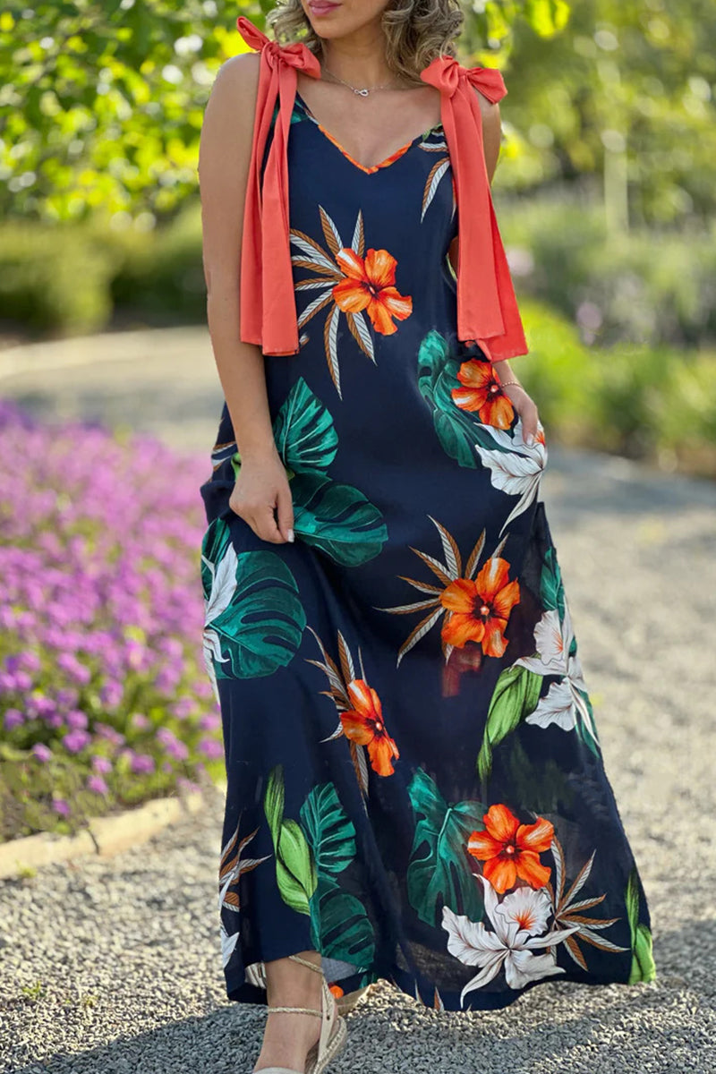 Sexy Vintage Floral With Bow V Neck Printed Dress Dresses Fashionpara