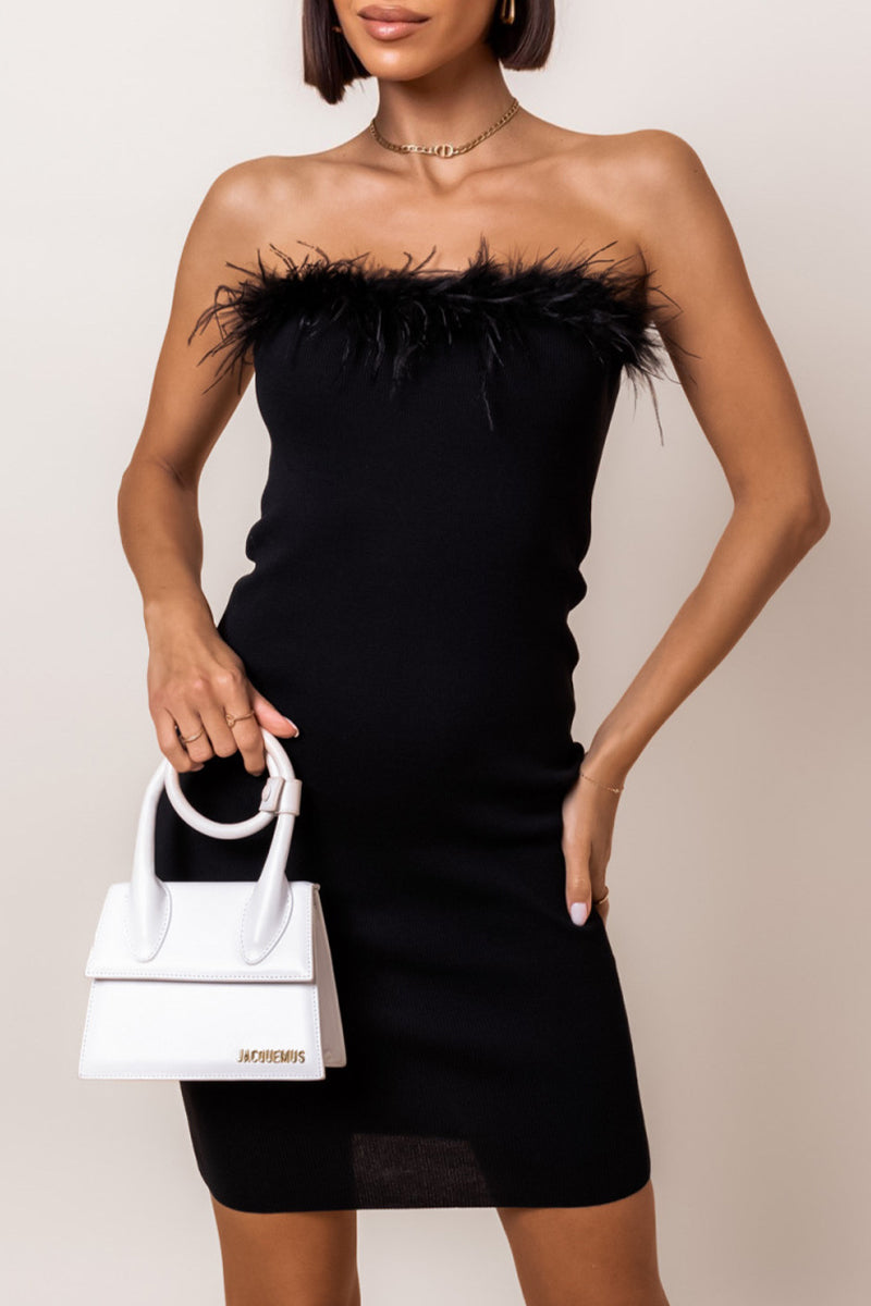 Sexy Solid Feathers Strapless One Step Skirt Dresses - Fashionpara