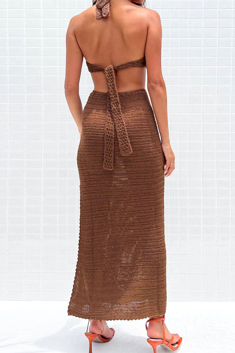 Sexy Vacation Solid Hollowed Out Frenulum Swimwears Cover Up Fashionpara