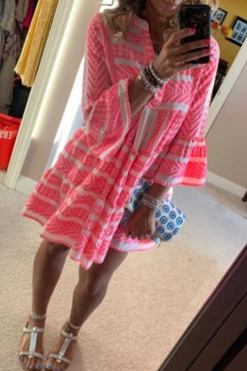 Casual Geometric Print Patchwork V Neck Evening Dress Dresses - Fashionpara