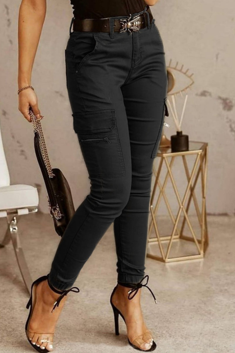 Casual Solid Patchwork Skinny Mid Waist Pencil Solid Color Trousers - Fashionpara