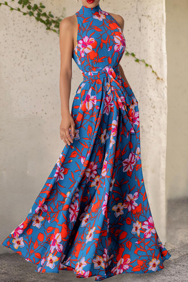 Elegant Floral Frenulum Halter Printed Dress Dresses - Fashionpara