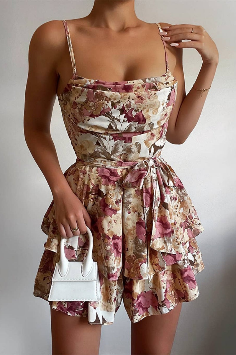 Casual Print Patchwork Backless Spaghetti Strap Skinny Rompers Fashionpara