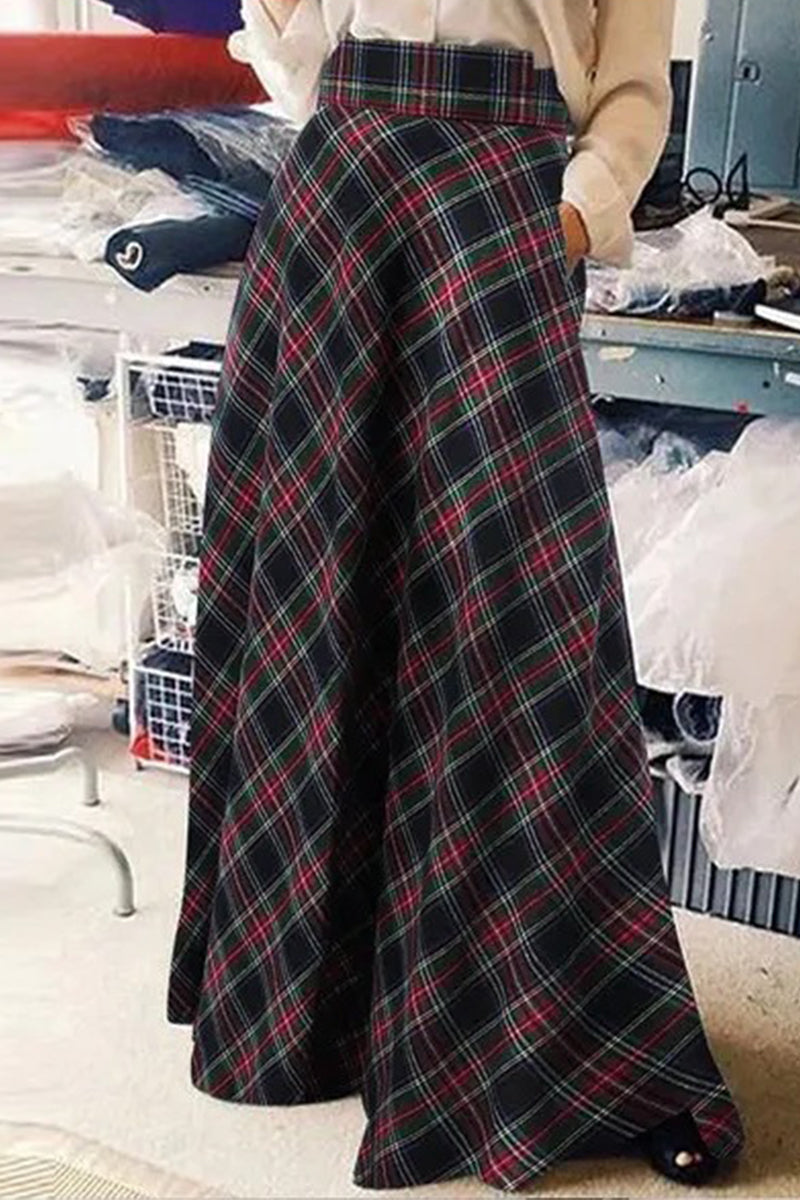 Elegant Plaid Contrast High Waist Type A Full Print Bottoms - Fashionpara