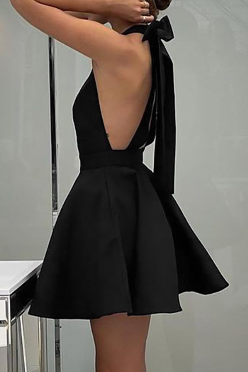 Elegant Solid Backless With Bow Halter Evening Dress Dresses - Fashionpara