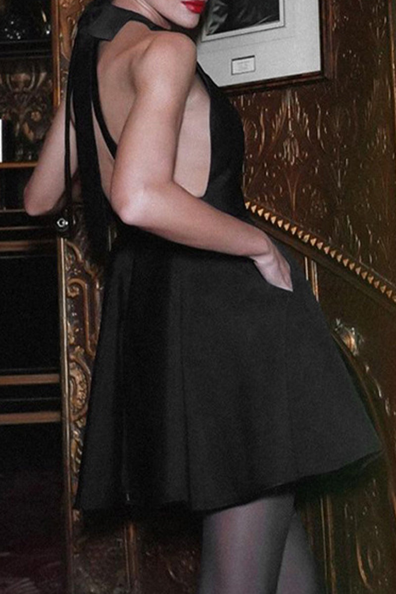 Elegant Solid Backless With Bow Halter Evening Dress Dresses - Fashionpara