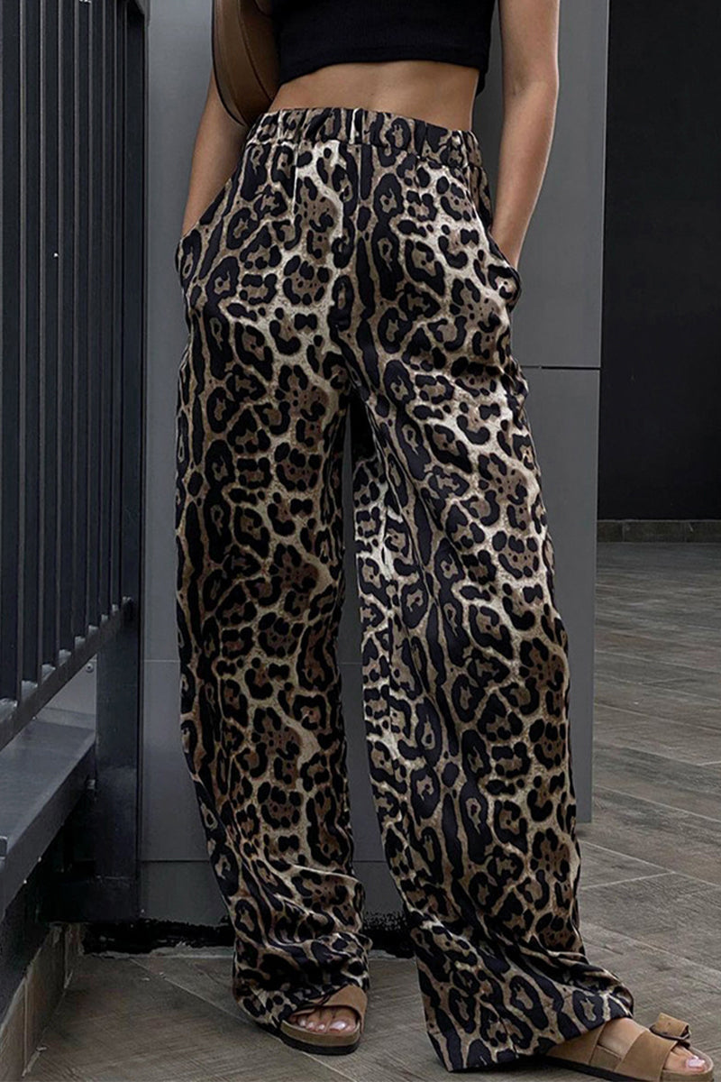 Casual Print Leopard Pocket Loose High Waist Wide Leg Full Print Bottoms - Fashionpara