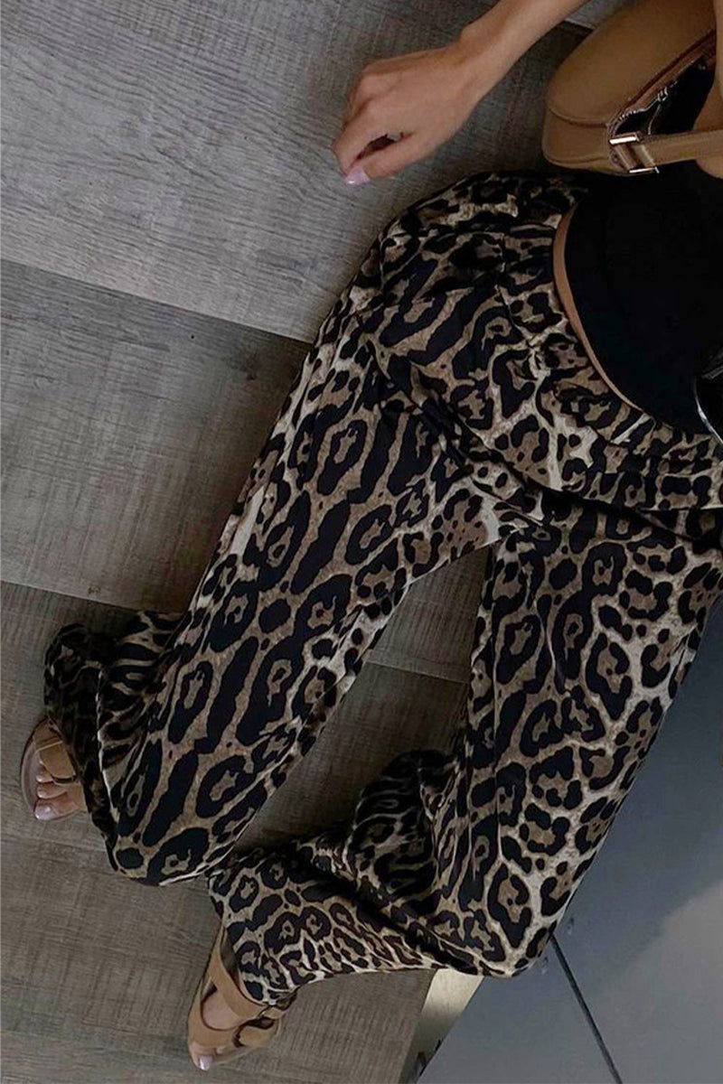 Casual Print Leopard Pocket Loose High Waist Wide Leg Full Print Bottoms - Fashionpara