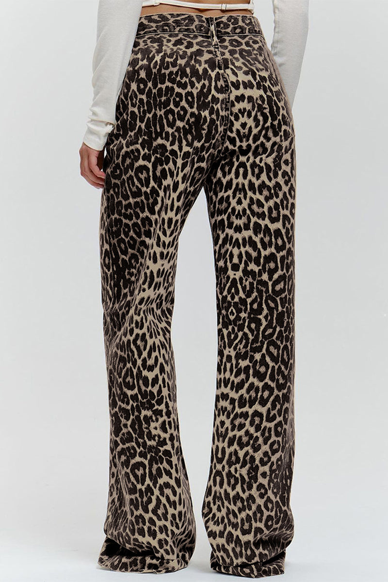 Street Print Leopard Buttons Loose Mid Waist Straight Full Print Bottoms - Fashionpara