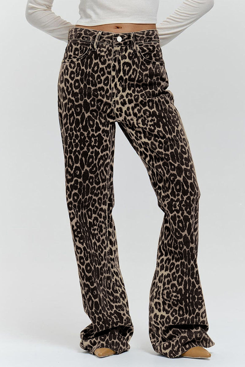 Street Print Leopard Buttons Loose Mid Waist Straight Full Print Bottoms - Fashionpara