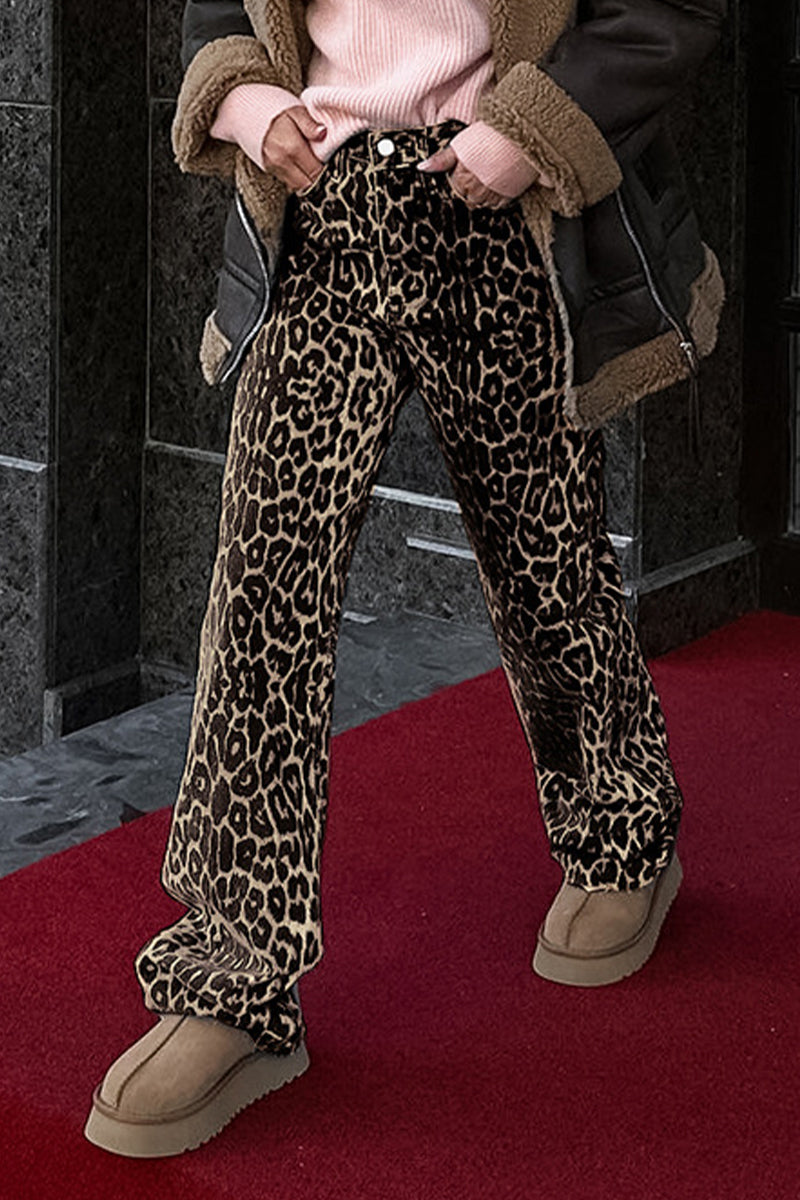 Street Print Leopard Buttons Loose Mid Waist Straight Full Print Bottoms - Fashionpara