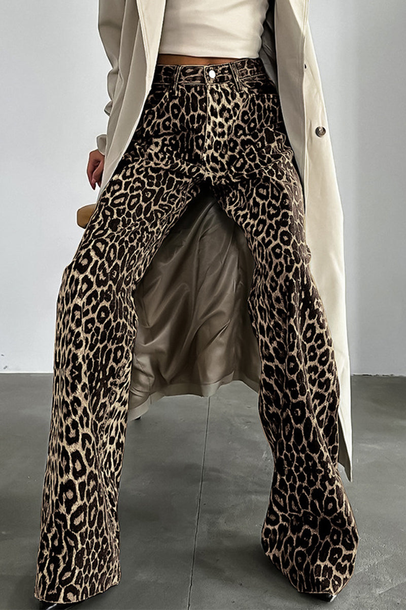 Street Print Leopard Buttons Loose Mid Waist Straight Full Print Bottoms - Fashionpara