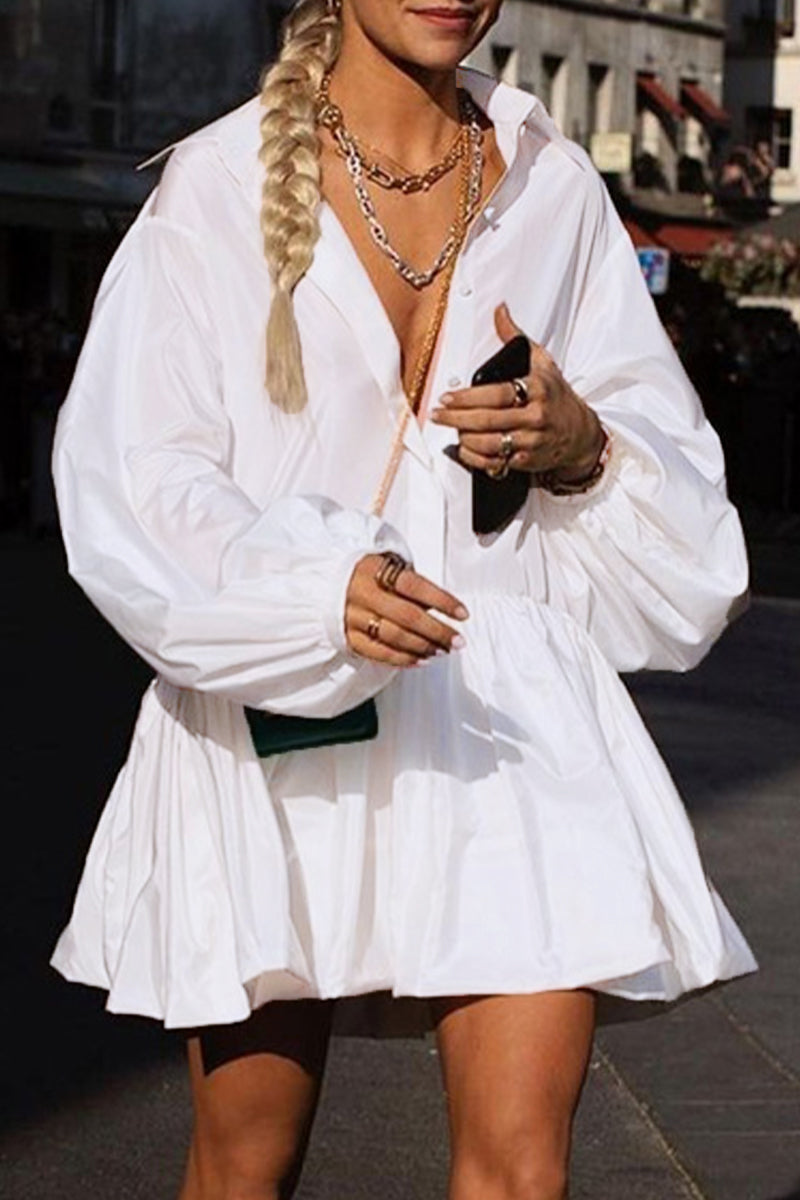 Elegant Solid Buttons Turndown Collar Shirt Dress Dresses - Fashionpara