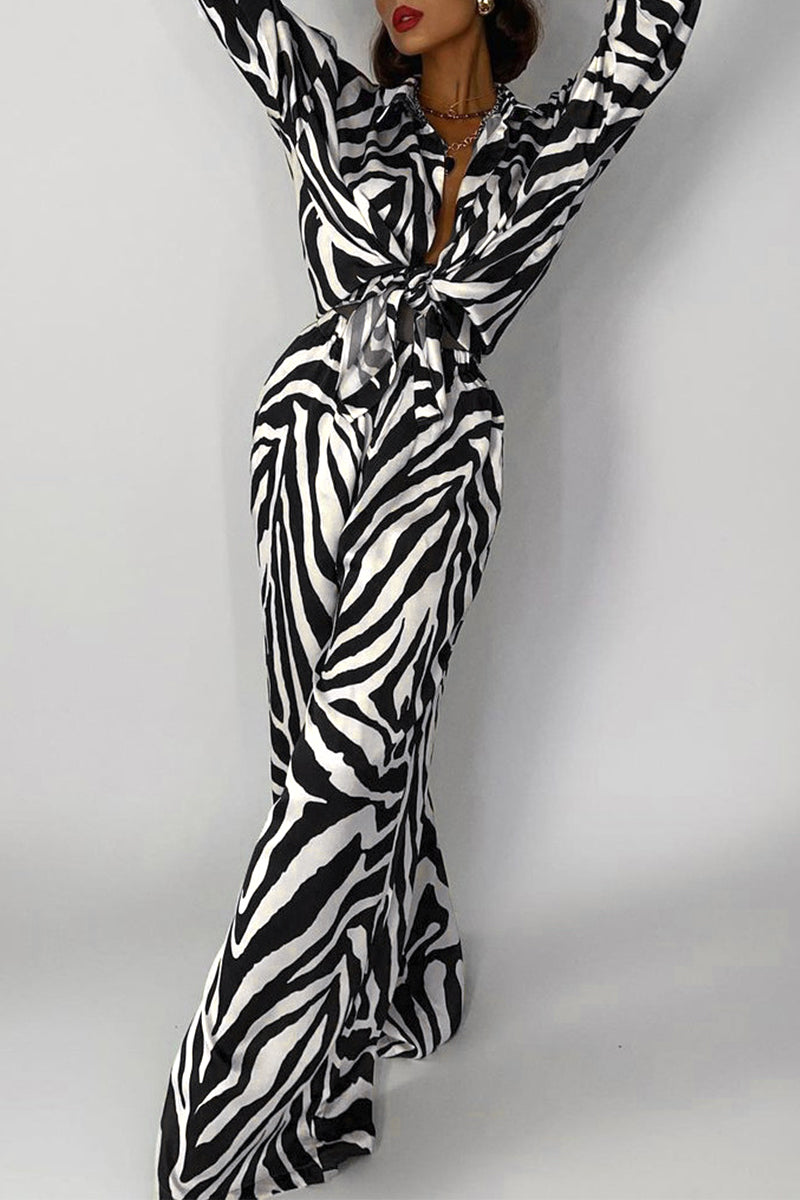 Casual Vintage Print Zebra Print Contrast Turndown Collar Long Sleeve Two Pieces - Fashionpara