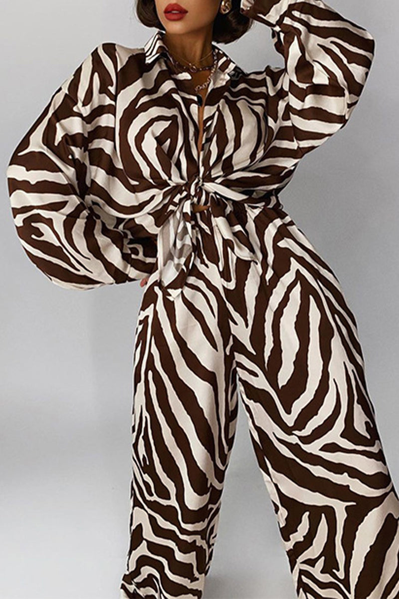 Casual Vintage Print Zebra Print Contrast Turndown Collar Long Sleeve Two Pieces - Fashionpara