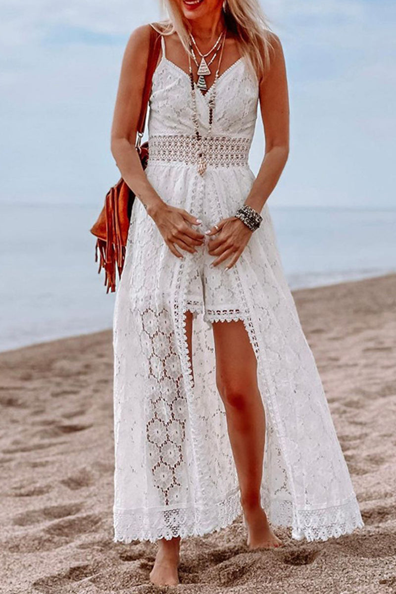 Sexy Vacation Solid Lace V Neck Sling Dress Dresses Fashionpara