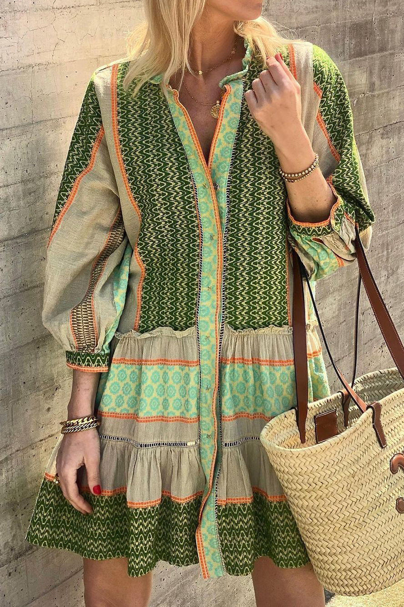 Casual Vintage Geometric Print Flounce V Neck A Line Dresses  Fashionpara