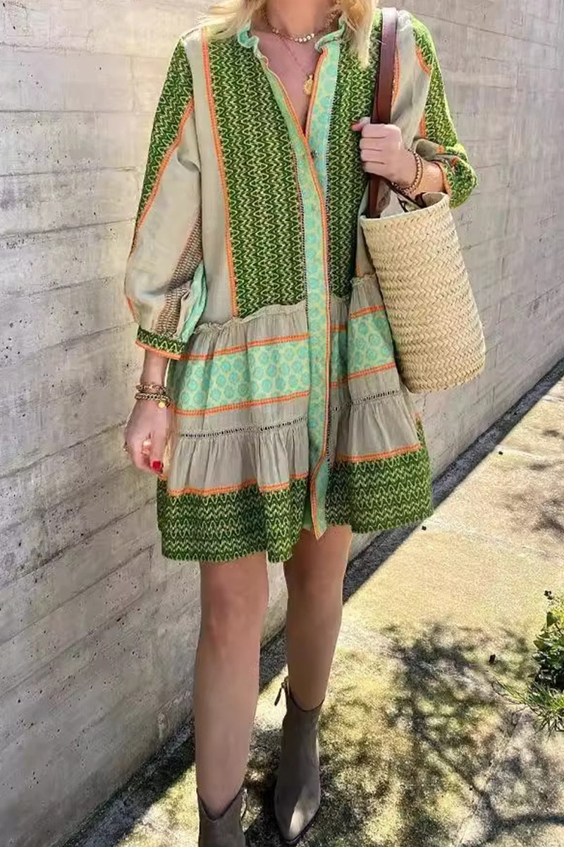 Casual Vintage Geometric Print Flounce V Neck A Line Dresses  Fashionpara