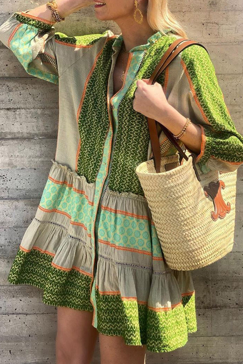 Casual Vintage Geometric Print Flounce V Neck A Line Dresses  Fashionpara