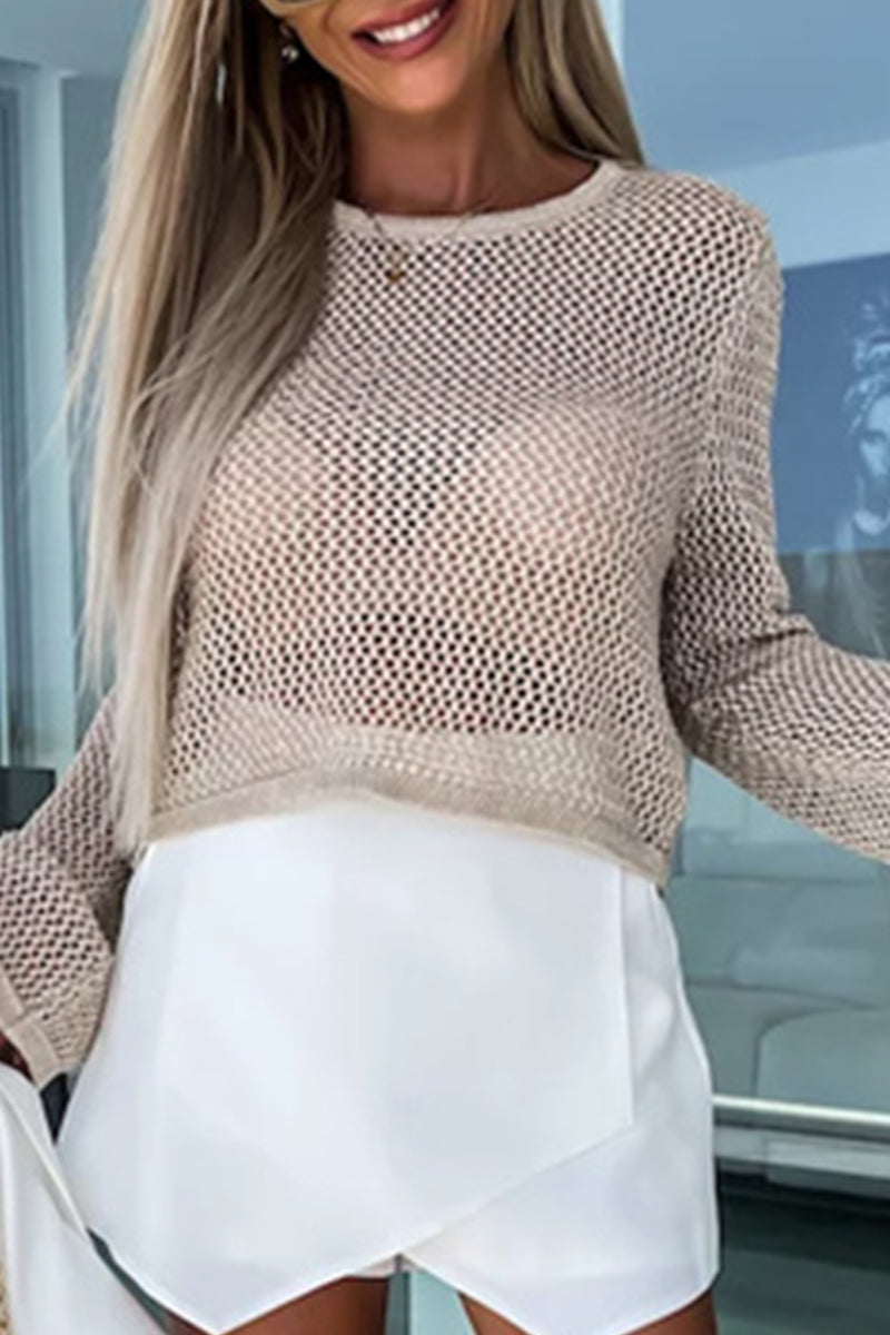 Sexy Vacation Solid Hollowed Out See-through O Neck Tops - Fashionpara