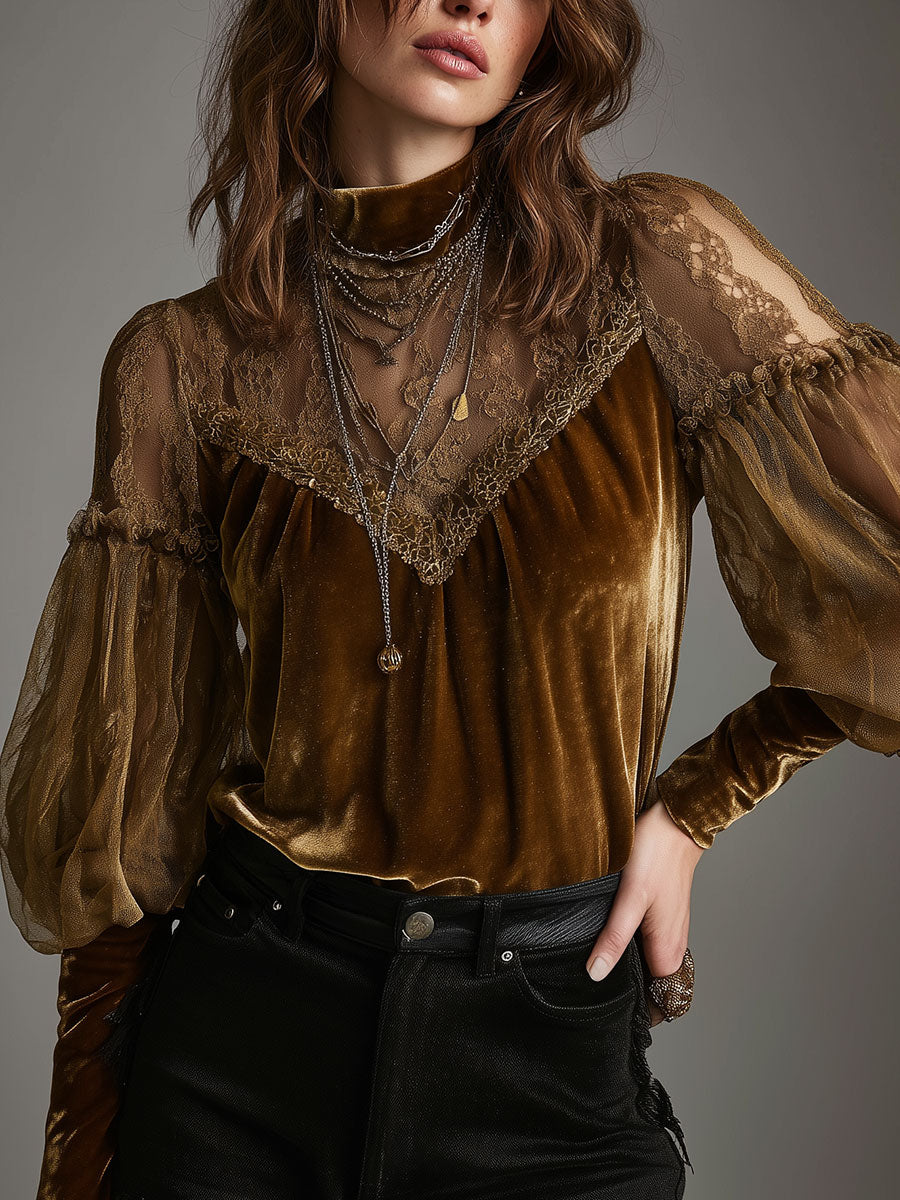 Retro Gold Velvet Lace Patchwork Balloon Sleeve Blouse - Fashionpara