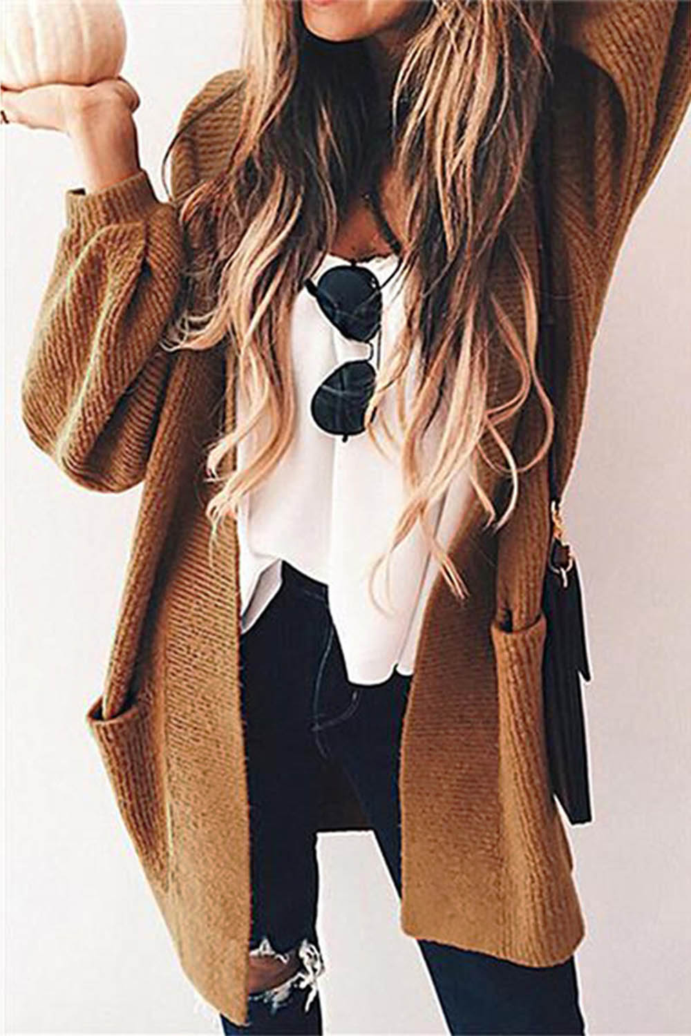 Pumpkin Color Lantern Sleeve Long Knitted Cardigan  Fashionpara