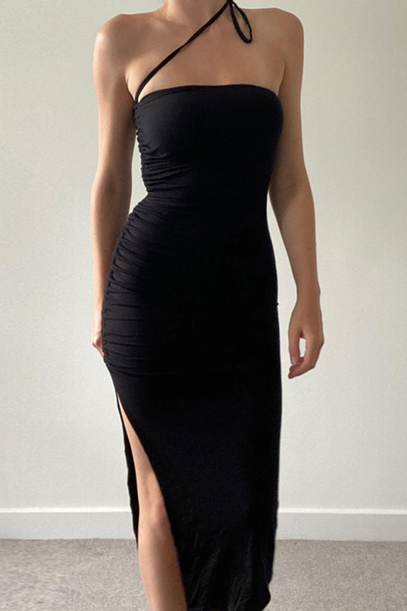 Sexy Solid Draw String Frenulum Slit Strapless Wrapped Skirt Dresses(Wear in a variety of ways) - Fashionpara