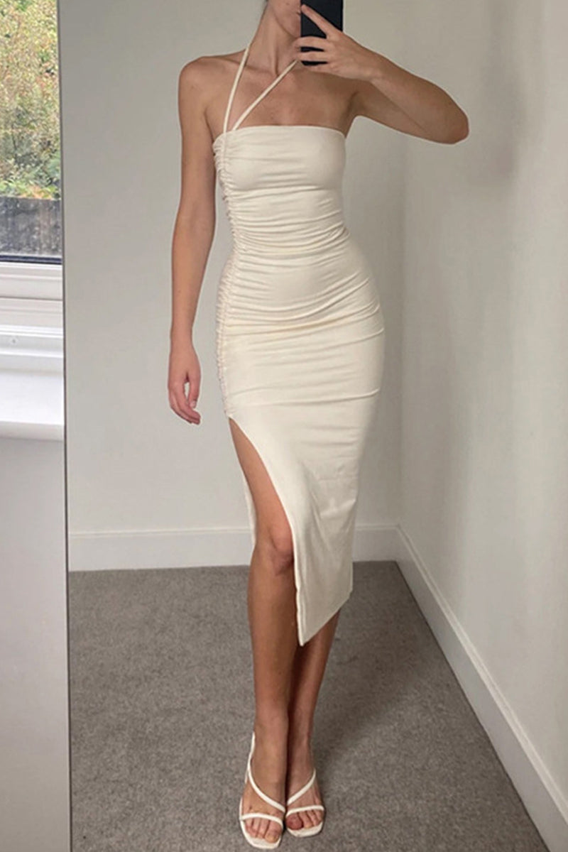 Sexy Solid Draw String Frenulum Slit Strapless Wrapped Skirt Dresses(Wear in a variety of ways) - Fashionpara