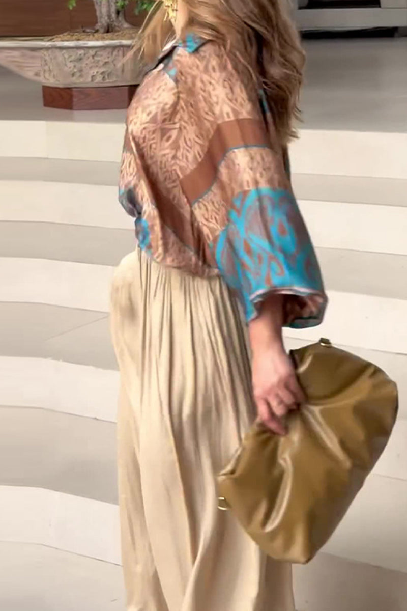 Casual Vintage Geometric Print Fold V Neck Long Sleeve Two Pieces - Fashionpara