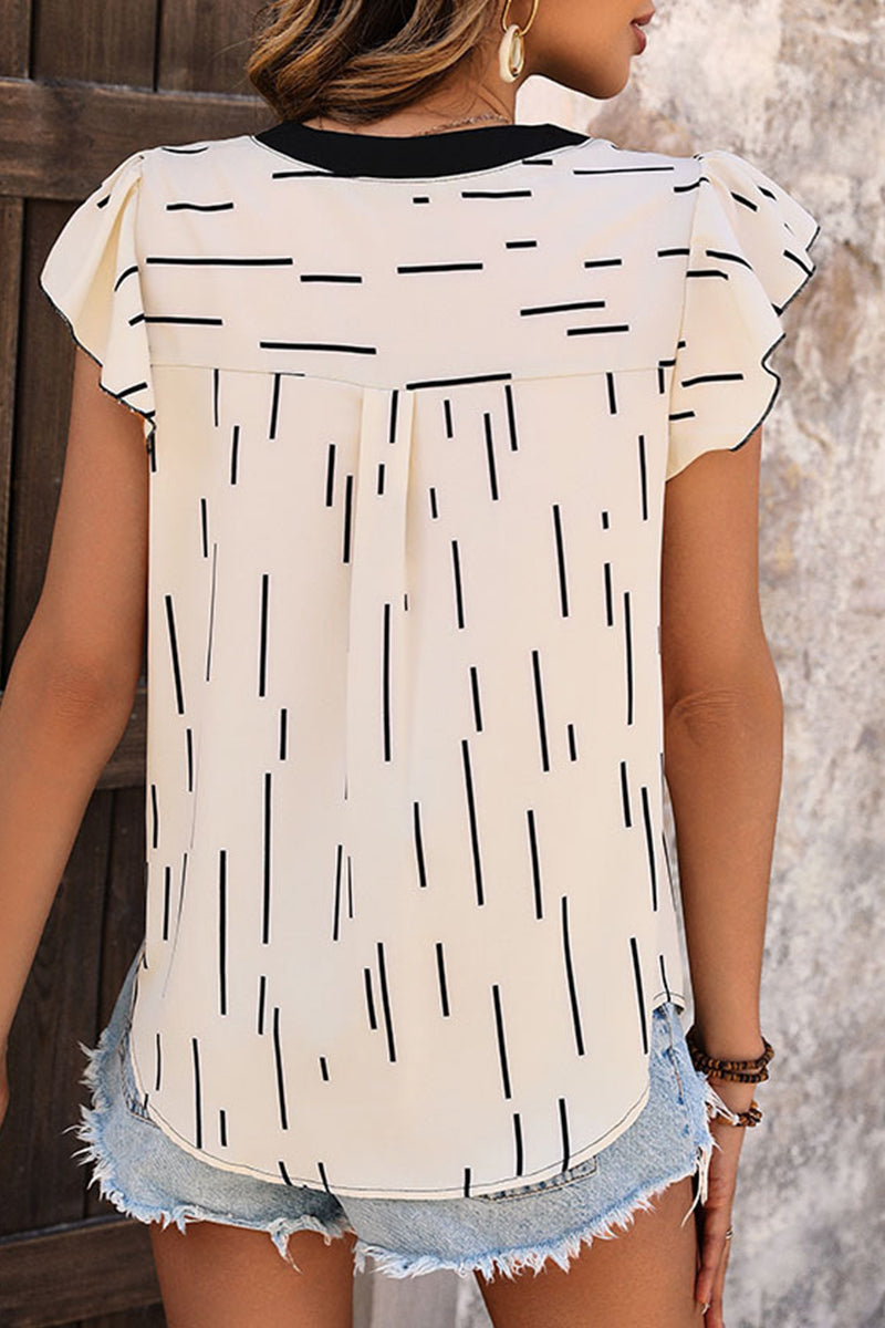 Casual Striped Flounce Cross Straps V Neck Tops - Fashionpara