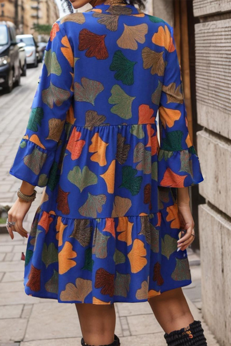 Casual Vintage Print Flounce V Neck Printed Dress Dresses