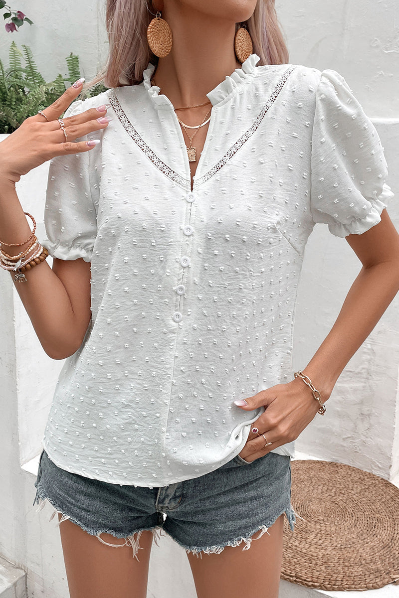 Sweet Elegant Solid Jacquard Lace Mandarin Collar Tops - Fashionpara