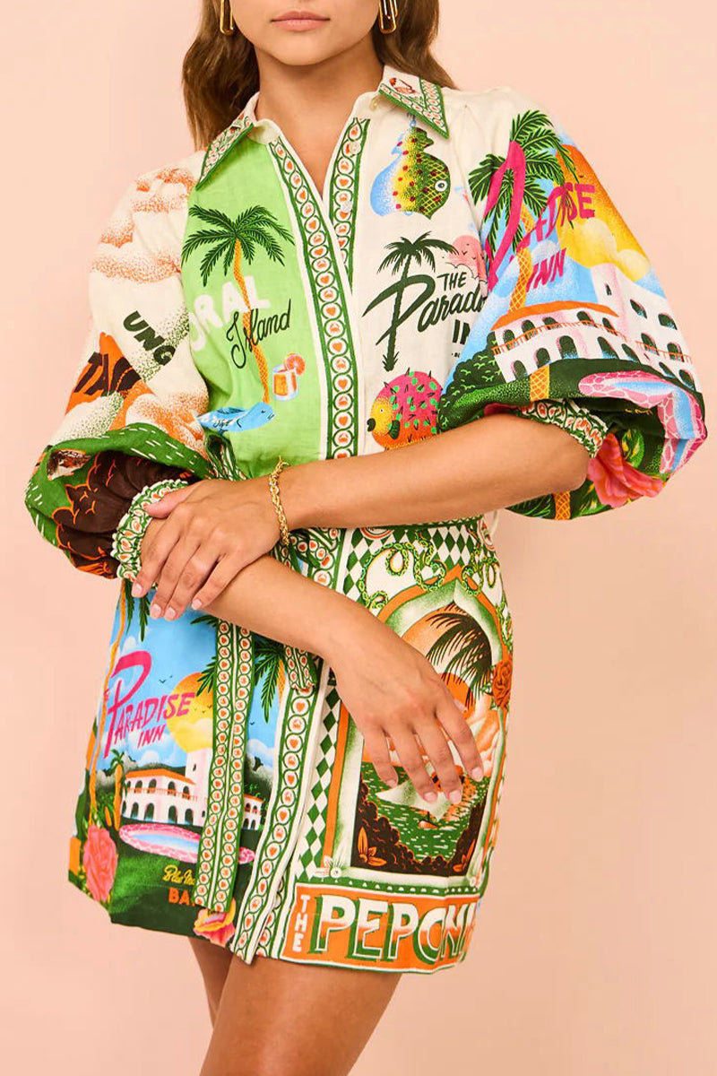 Casual Vintage Floral Frenulum Shirt Collar Printed Dresses  Fashionpara