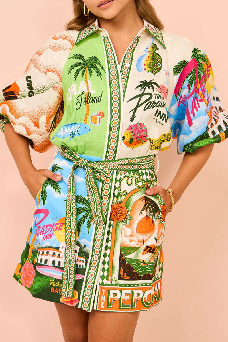 Casual Vintage Floral Frenulum Shirt Collar Printed Dresses  Fashionpara