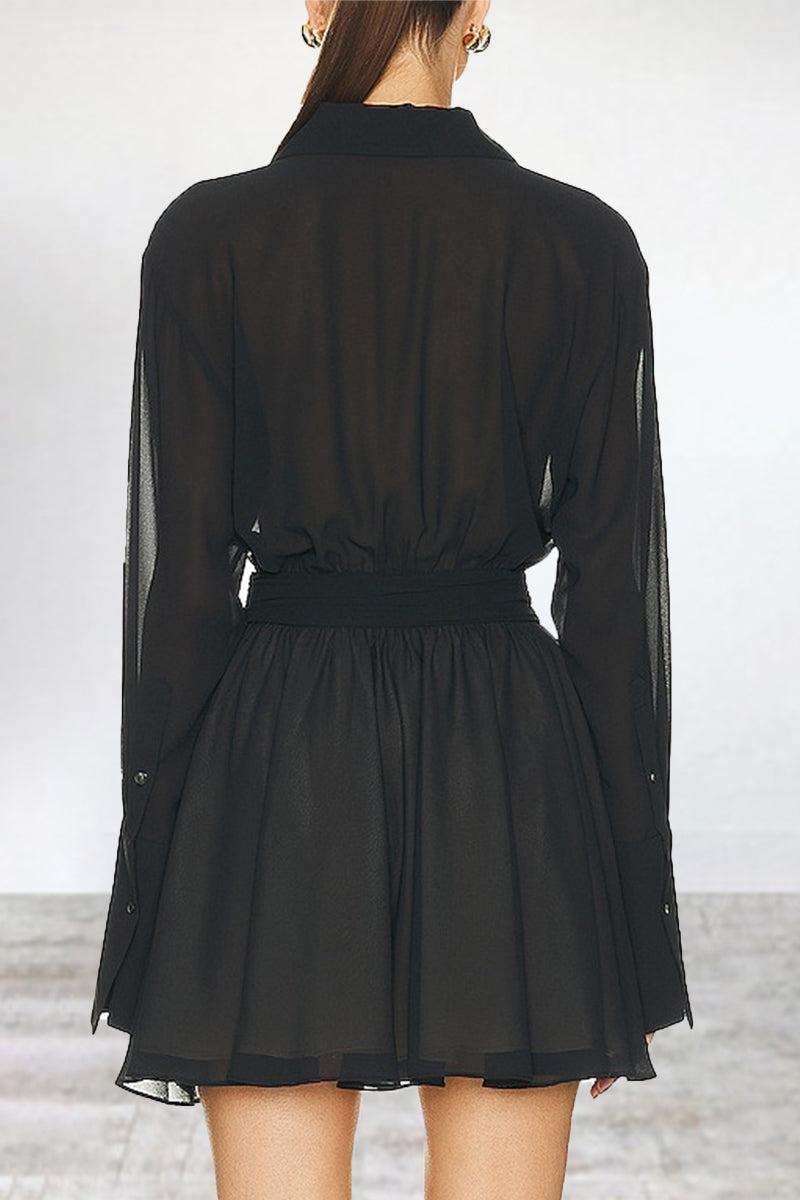 Casual Simplicity Solid Patchwork Turndown Collar Waist Skirt Dresses - Fashionpara